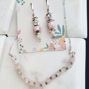 925 solid sterling silver ROSE QUARTZ Necklace 18" AND EARRINGS